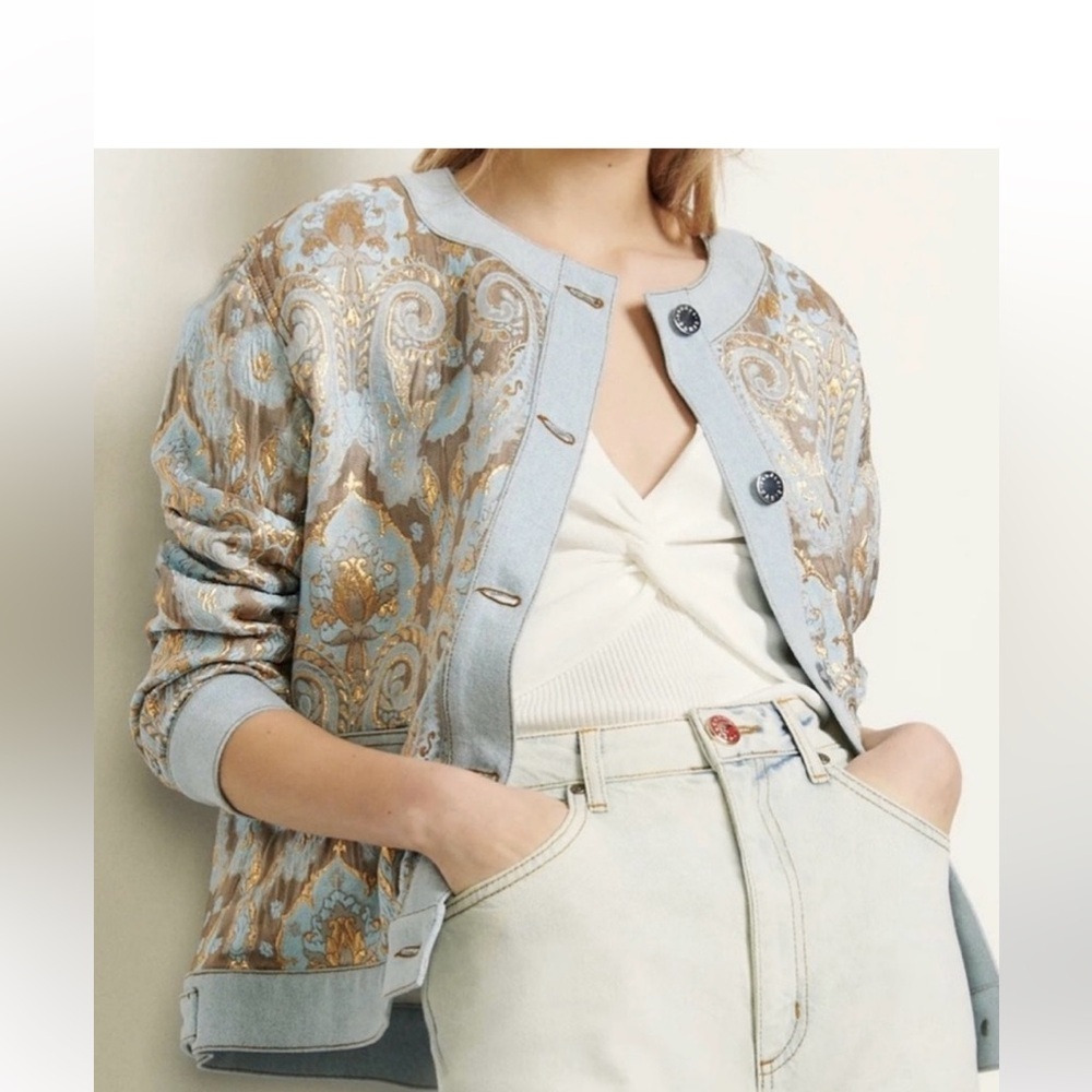 Elegant Women's Blue and Gold Bomber Jacket